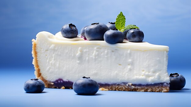 Cheesecake con mirtilli e menta su sfondo blu AI Generative