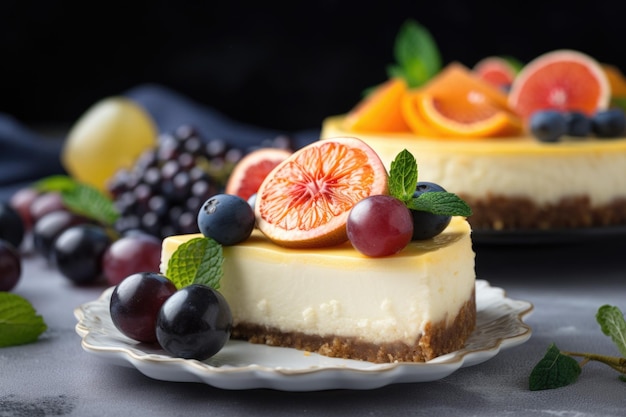 Cheesecake deliziosamente cremosa condita con frutta fresca e succosa creata con intelligenza artificiale generativa