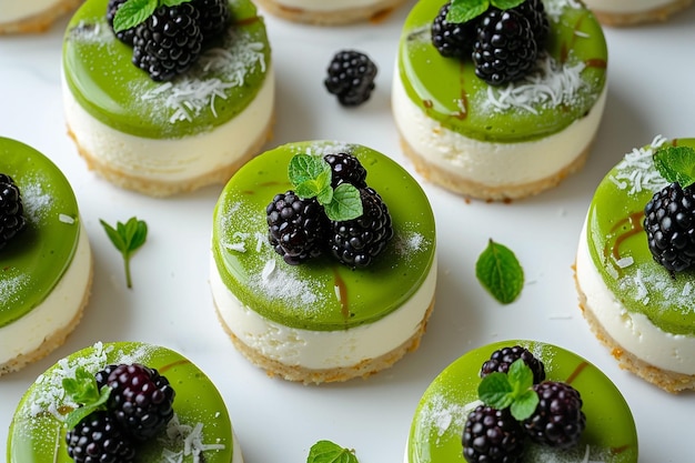 Cheesecake di cocco con tè matcha giapponese, cioccolato bianco e decorato con more