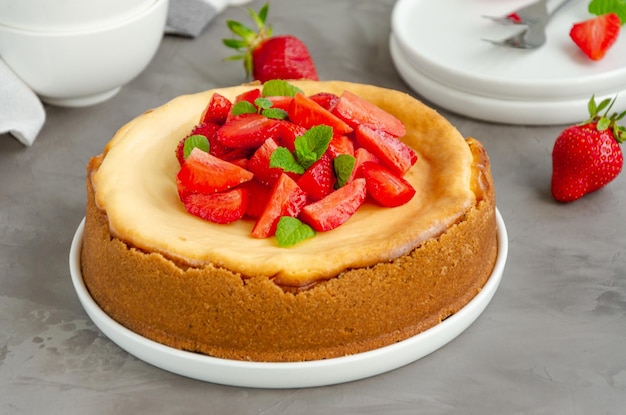 Cheesecake fatta in casa New York con fragole fresche su un piatto bianco con caffè Cucina americana