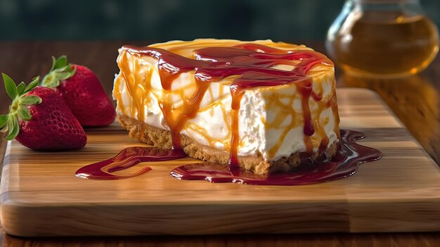 Cheesecake fresco con frutti di bosco su tavola di legno Pezzo di dolce con salsa al caramello Classico