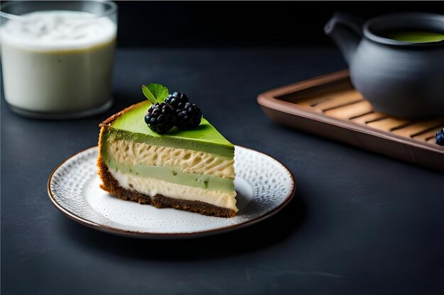 Cheesecake giapponese con sfondo nero di tè verde