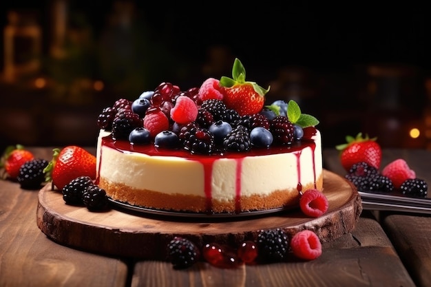 Cheesecake perfetto sul tavolo con frutti di bosco naturali freschi cibo dolce Ai generativo