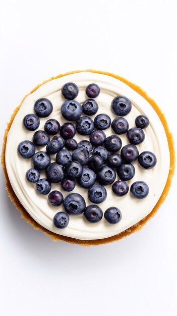 cheesecake rotondo con mirtilli vista superiore su sfondo bianco foto verticale