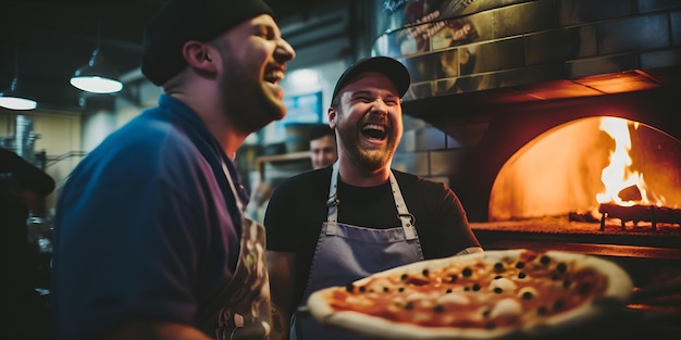 Chef allegri celebrano una pizza cotta alla perfezione in un ristorante affollato cucinando la gioia del successo culinario AI