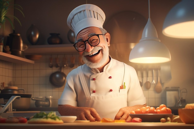 Chef anziano sorridente che cucina un delizioso pasto