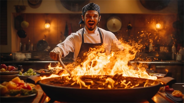 Chef arrabbiato che urla alla telecamera mentre cucina sul fuoco in cucina