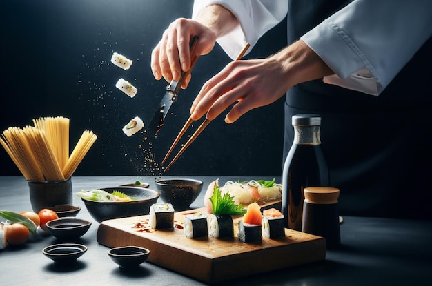 chef caucasico che prepara sushi volante effetti di illustrazione divertenti umorismo in cucina