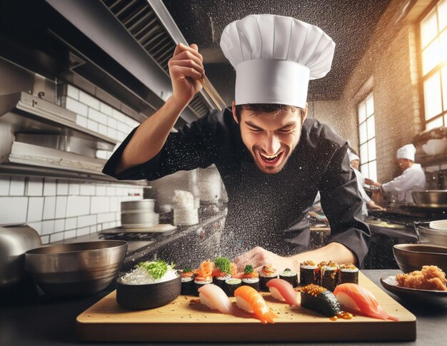 Chef caucasico divertente prepara sushi a mosca spash salsa di soia render illustrazione 3d umorismo in cucina