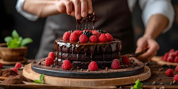 Chef che crea una torta di cioccolato decadente con la massima abilità e arte concetto cucina dessert cottura cioccolata arte