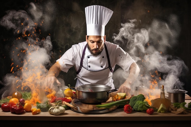 Chef che cucina con una pentola di verdure e una padella di fuoco dietro di lui