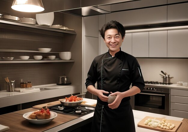 Chef che cucina in una bellissima cucina moderna AI generativa