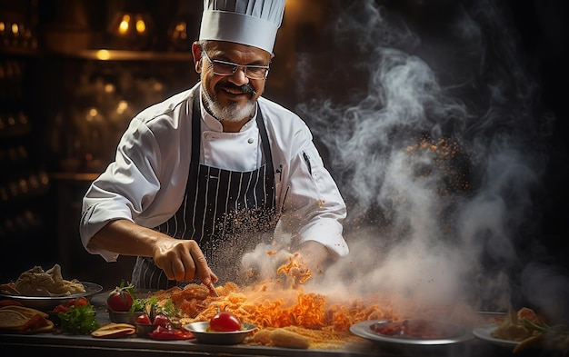 Chef che cucina piatti in modalità felice IA generativa