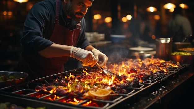 Chef che cucina pollo alla griglia nella cucina di un ristorante