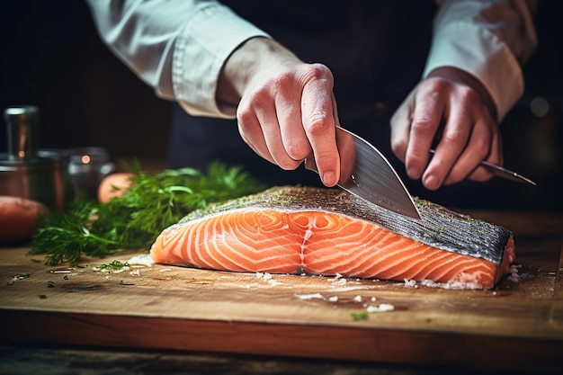 Chef che cucina salmone fresco con coltello su tavola di legno