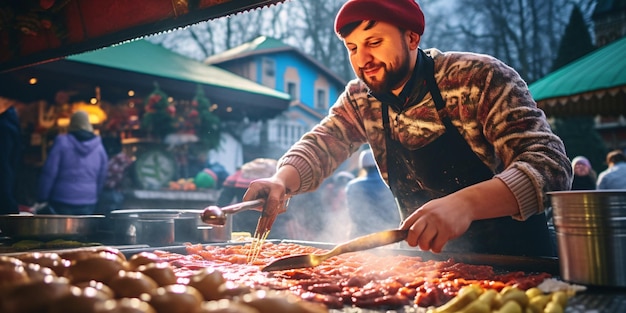 Chef che griglia cibo delizioso su un barbecue con una spatola IA generativa