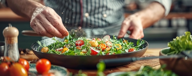 Chef che guarnisce l'insalata fresca con erbe movimento dinamico catturato verdure e verdure vibranti in primo piano