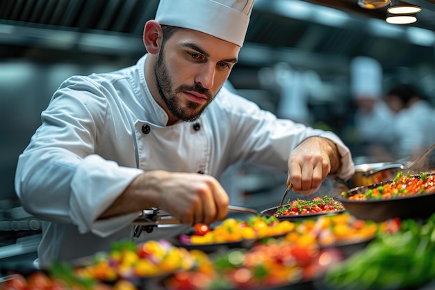 Chef che guarnisce piatti colorati