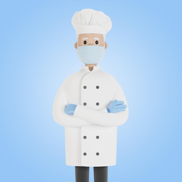Chef che indossa una maschera e guanti Illustrazione 3D in stile cartone animato