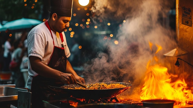 chef che prepara Chilaquiles messicani in un mercato alimentare di strada