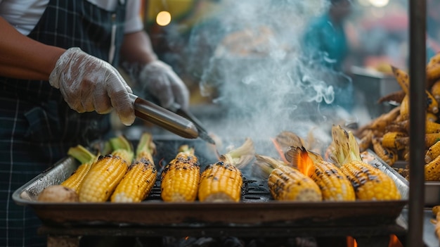 chef che prepara Elote messicano in un mercato alimentare di strada