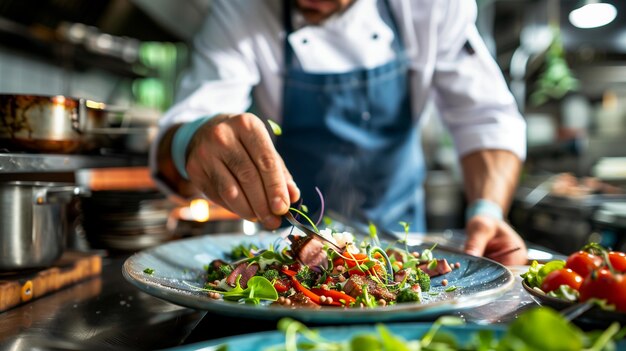 Chef che prepara la cena in una cucina di un ristorante