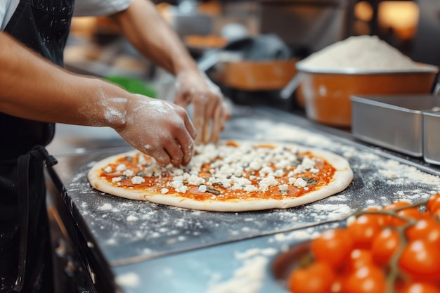 Chef che prepara la pizza in una cucina di un ristorante