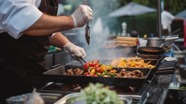 chef che prepara Mole messicano in un mercato alimentare di strada