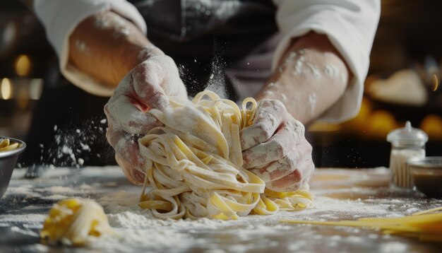 Chef che prepara pasta fresca in cucina