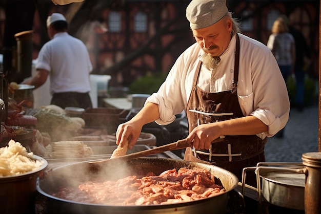 Chef che prepara piatti tradizionali bavaresi come salsicce e crauti presso uno stand gastronomico