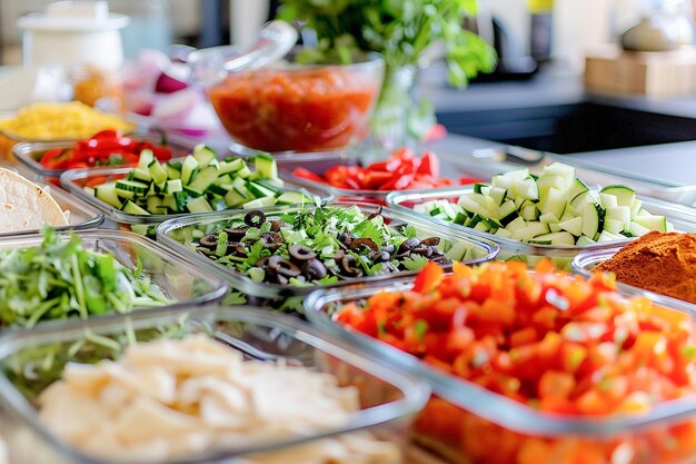 Chef che prepara tacos tradizionali messicani con ingredienti freschi in contenitori nella cucina di casa