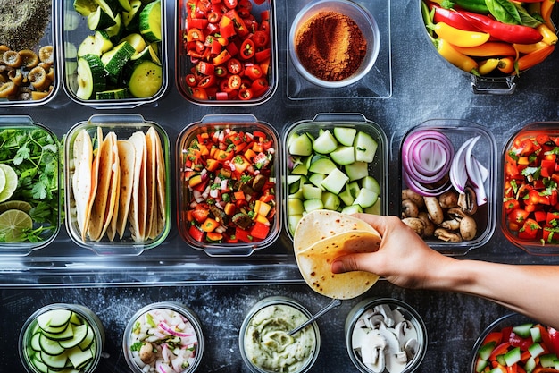 Chef che prepara tacos tradizionali messicani con ingredienti freschi in contenitori nella cucina di casa