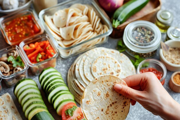 Chef che prepara tacos tradizionali messicani con ingredienti freschi in contenitori nella cucina di casa