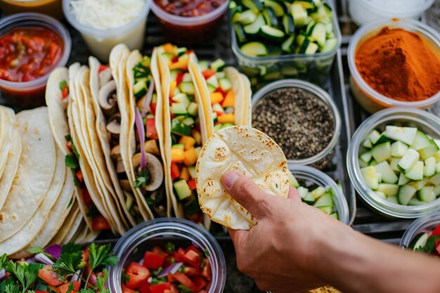 Chef che prepara tacos tradizionali messicani con ingredienti freschi in contenitori nella cucina di casa