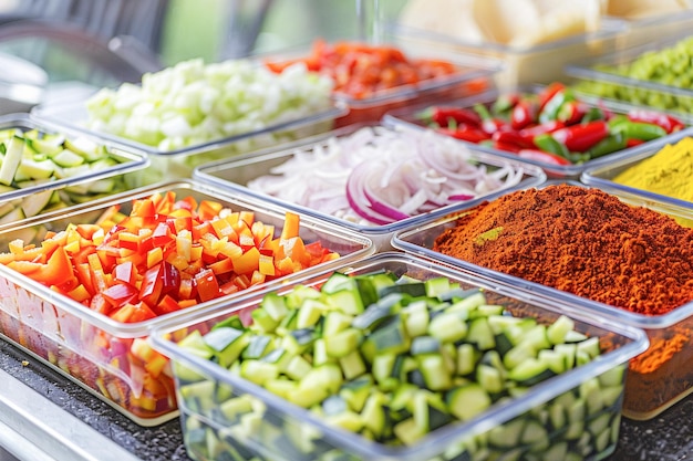 Chef che prepara tacos tradizionali messicani con ingredienti freschi in contenitori nella cucina di casa