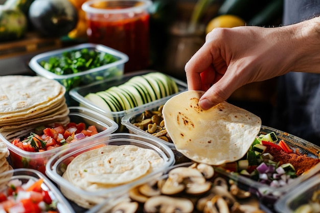 Chef che prepara tacos tradizionali messicani con ingredienti freschi in contenitori nella cucina di casa