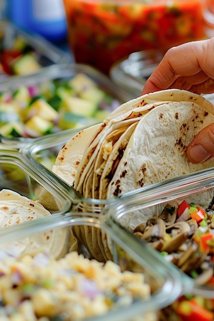 Chef che prepara tacos tradizionali messicani con ingredienti freschi in contenitori nella cucina di casa