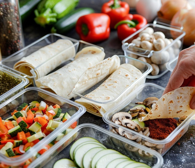 Chef che prepara tacos tradizionali messicani con ingredienti freschi in contenitori nella cucina di casa