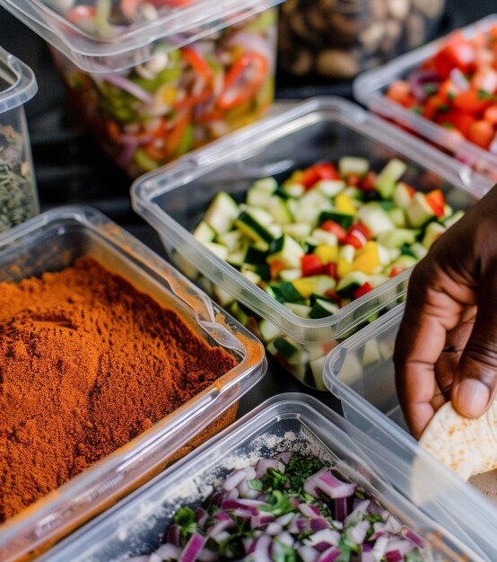 Chef che prepara tacos tradizionali messicani con ingredienti freschi in contenitori nella cucina di casa