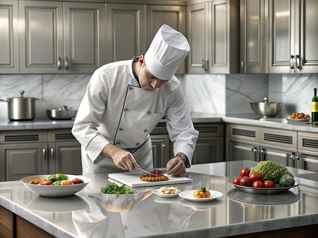 chef che prepara un piatto gourmet in una cucina professionale