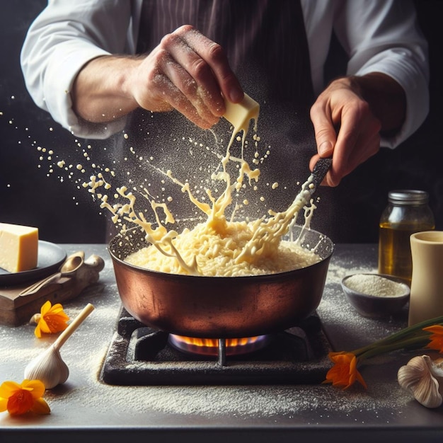 chef che prepara un risotto cremoso al riso del nord italia con brodo allo zafferano, burro e parmigiano