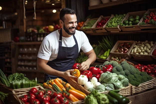 Chef che sceglie verdure fresche al mercato Prodotti biologici per cucinare nel ristorante Ai generativo