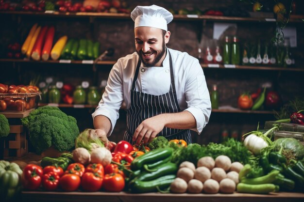 Chef che sceglie verdure fresche al mercato Prodotti biologici per cucinare nel ristorante Ai generativo