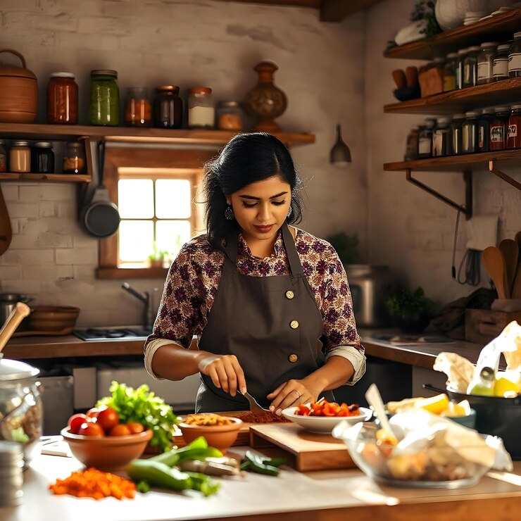 Chef che sperimenta nuove ricette in una cucina rustica