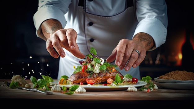 chef che taglia un pezzo di carne con un coltello.