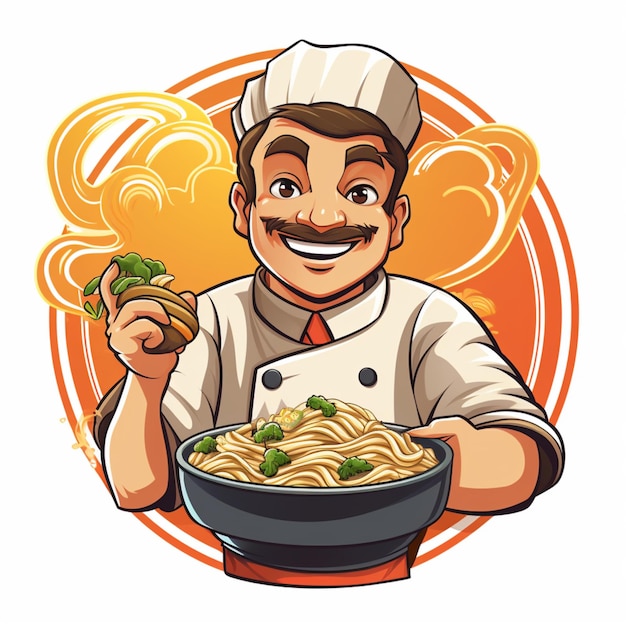 chef che tiene il logo del fumetto di ramen noodles