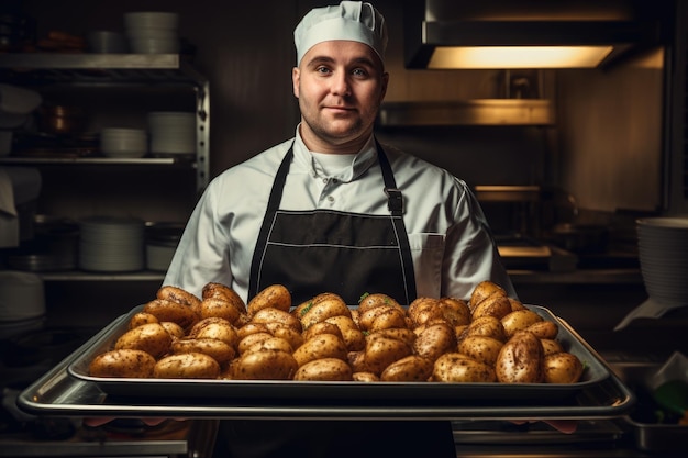 Chef che tiene un vassoio pieno di patate al forno all'interno di una cucina