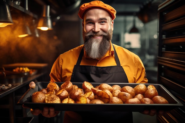 Chef che tiene un vassoio pieno di patate al forno all'interno di una cucina