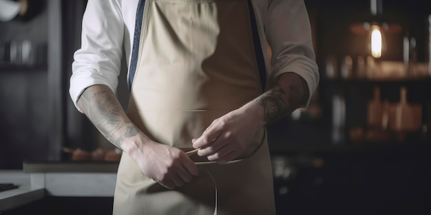 Chef con grembiule bianco e camicia bianca con utensili da cucina