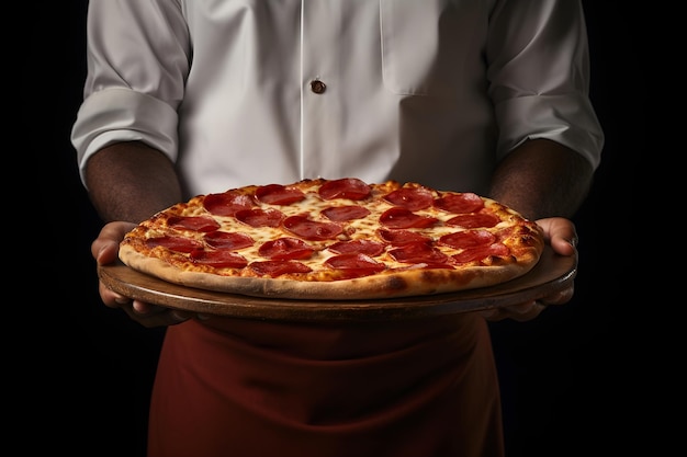 Chef con in mano una deliziosa pizza ai peperoni